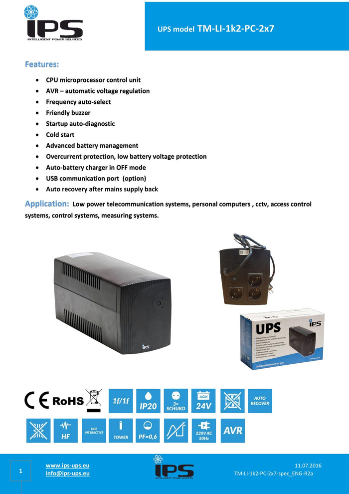 IPS UPS Gruppo di continuitÃ  Desktop 1200VA/720W TM-LI-1K2-PC-2Ã—7 - IPS