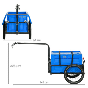 Rimorchio Bici ad Altezza Regolabile con Box Portaoggetti da 65L in Plastica 145x61x76/81 cm in Acciaio Blu