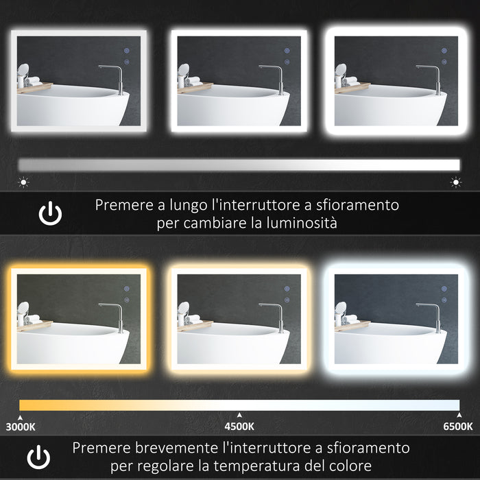 Specchio da Bagno 80x60x3 cm con LED 3 Colori Regolabili in Metallo e Vetro