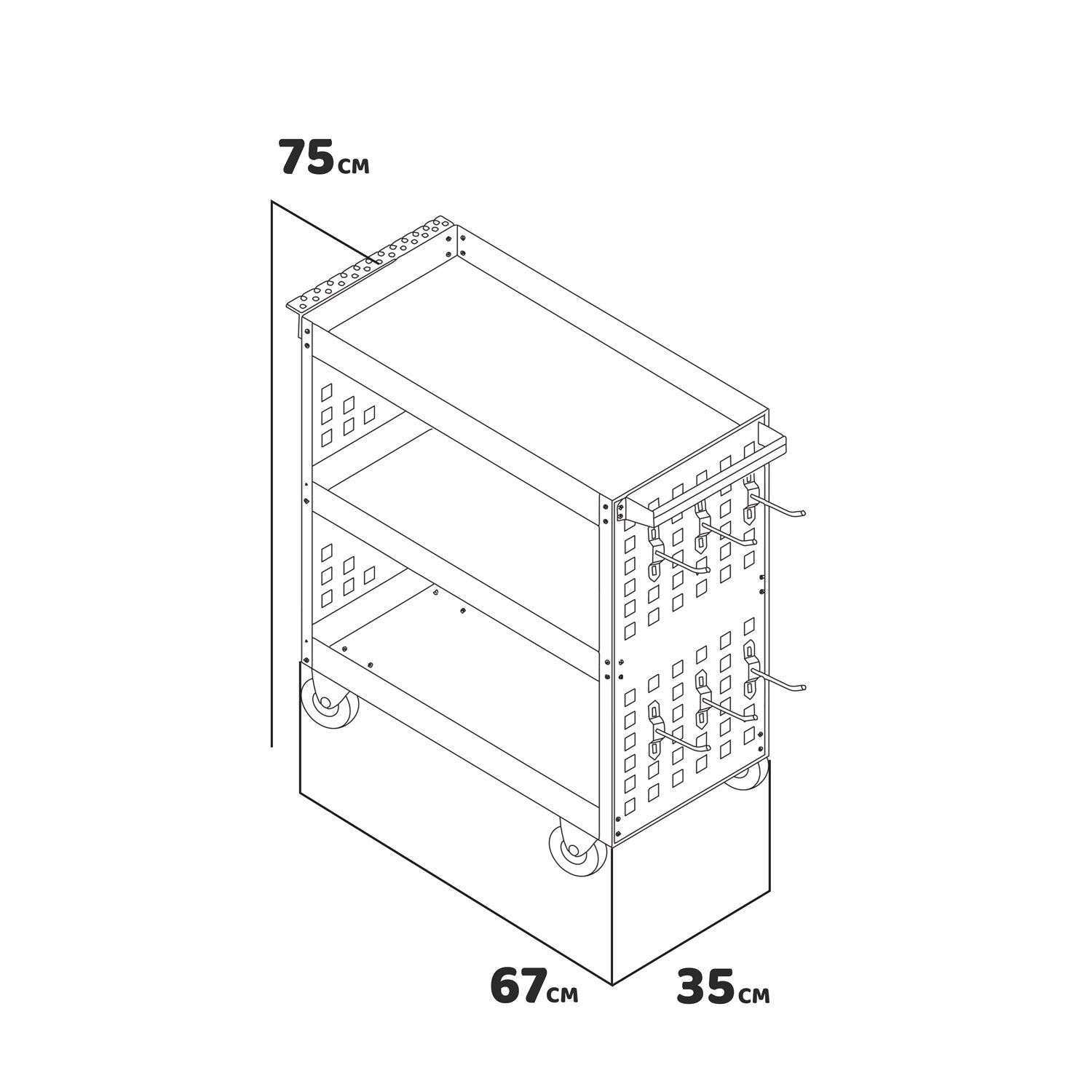 Troller - Carrello da officina a 3 ripiani, pannelli forati laterali e 12 ganci, ruote autobloccanti, superfice di lavoro con tappetino antiscivolo