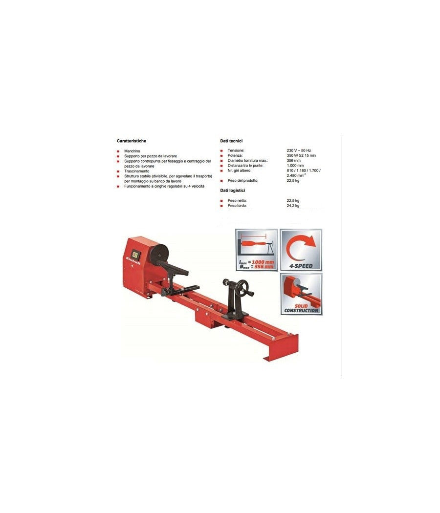 Tornio Per Legno Einhell Tc-ww 1000 Motore 350 W N.4 Velocita'         