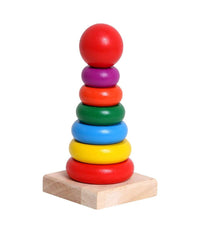 Torre Arcobaleno Gioco In Legno Piramide Anelli Impilabili Montessori 20x9 Cm         