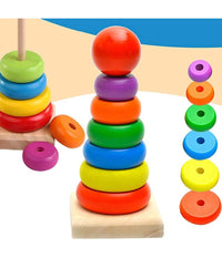 Torre Arcobaleno Gioco In Legno Piramide Anelli Impilabili Montessori 20x9 Cm         