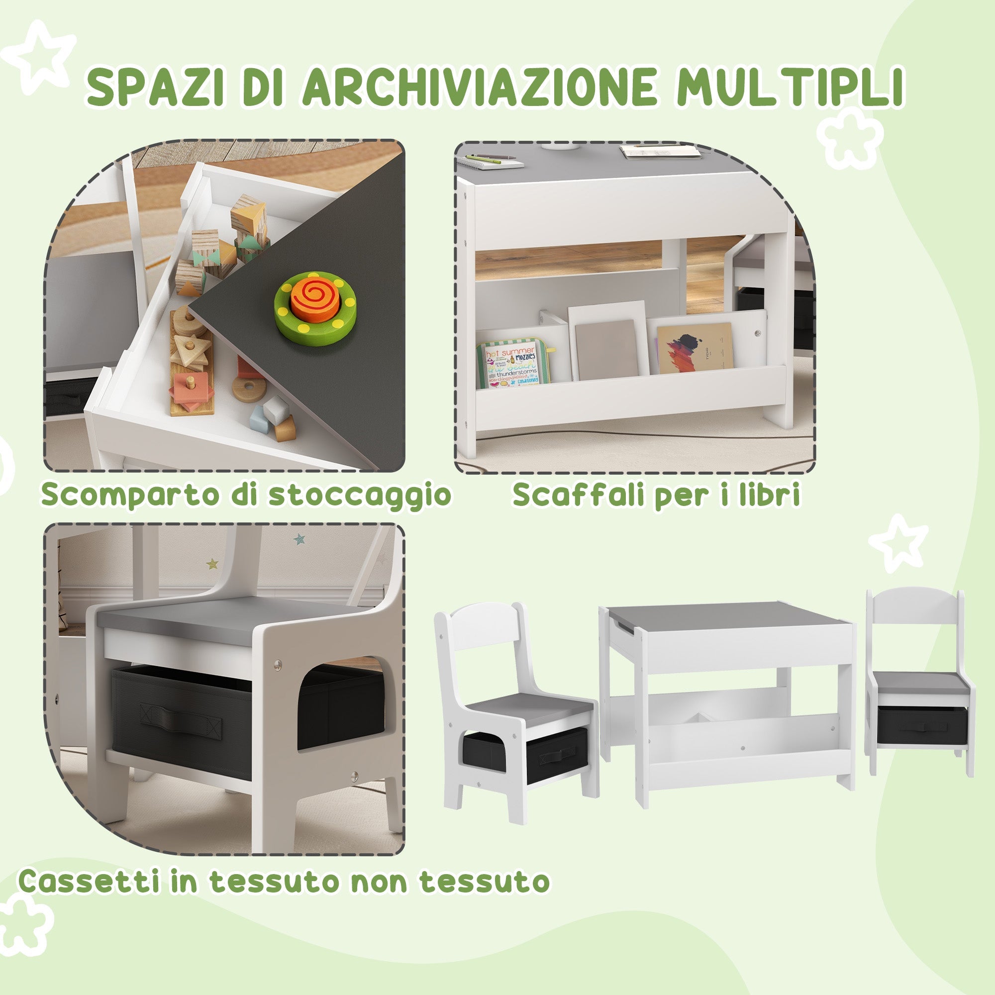 Set Tavolino per Bambini e 2 Sedie Piano del Tavolo 2 in 1 con Lavagna e Contenitori Grigio