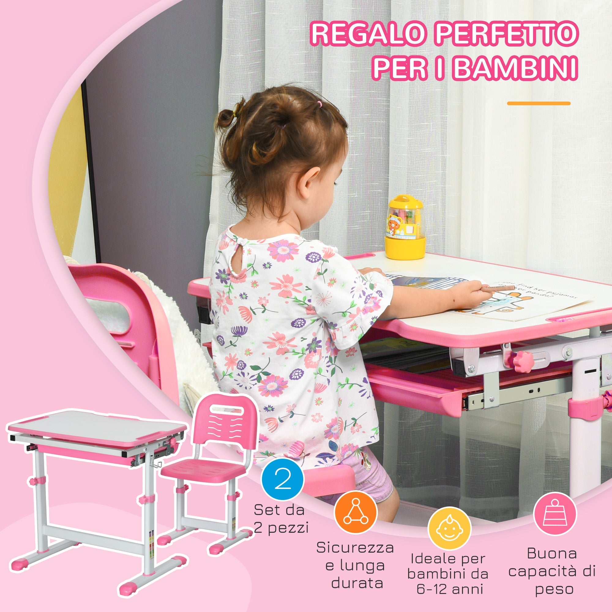 Banco Scuola per Bambini Piano Inclinabile e Sedia Regolabile 66x47x52-77 cm Rosa