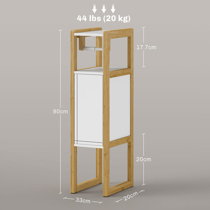 Mobiletto Bagno Salvaspazio Armadietto Porta Carta Igienica con Ripiano in Bambù 20x33x80cm Bianco