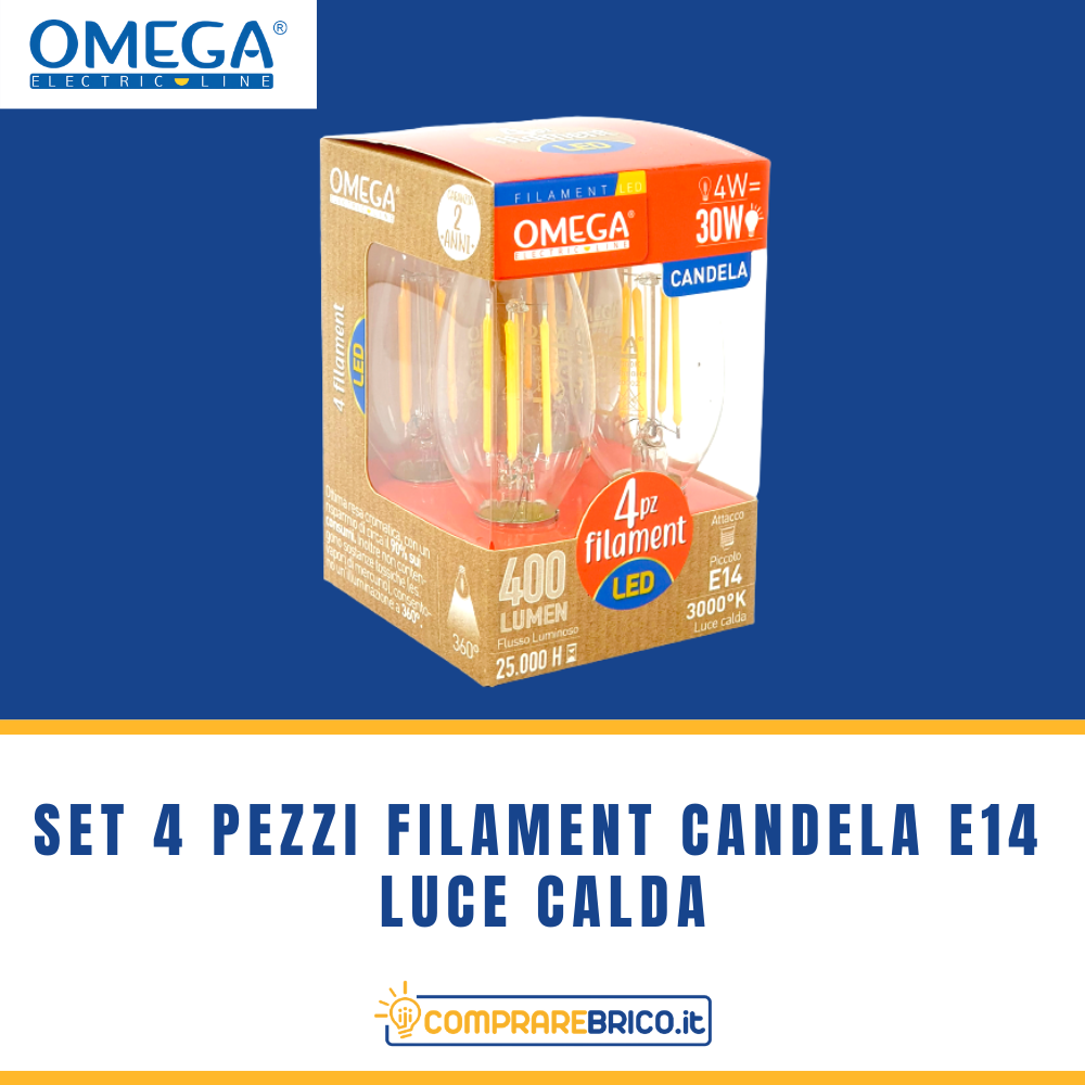 Set 4 Pezzi Lampadine Filament Candela E14 Luce Calda: 4W - 400LM - A+