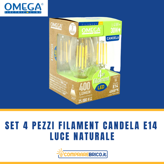 Set 4 Pezzi Lampadine Filament Candela E14 Luce Naturale: 4W - 400LM - A+