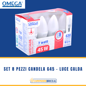 Set 8 Pezzi Lampadine Candela G45 Luce Calda: 7W – 3000K – E14 – A+