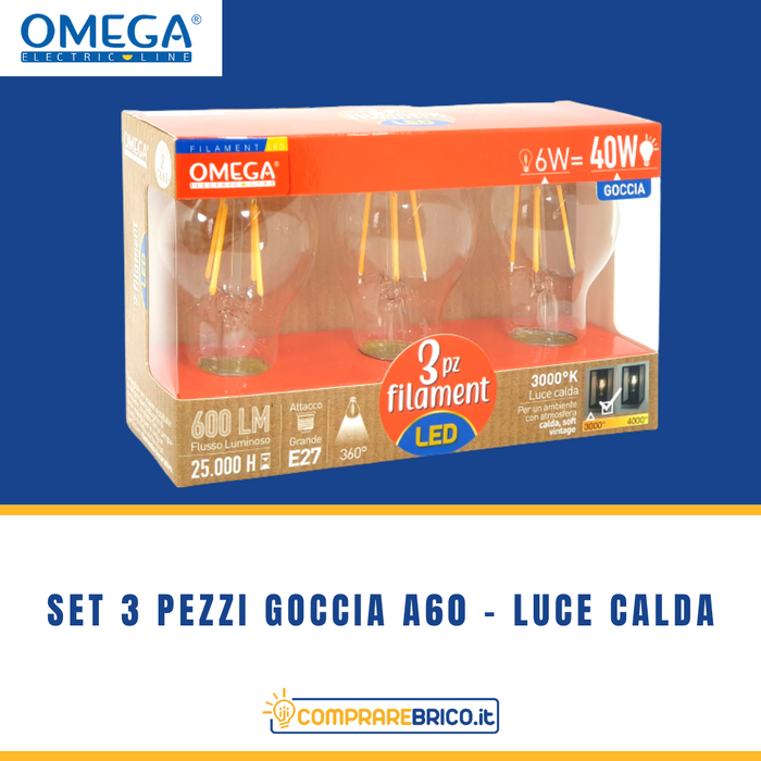 Set 3 pezzi Lampadine Filament Goccia A60 Luce Calda: 6W – 3000K – E27 – A+