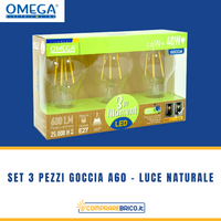 Set 3 pezzi Lampadine Filament Goccia A60 Luce Naturale: 6W – 4000K – E27 – A+