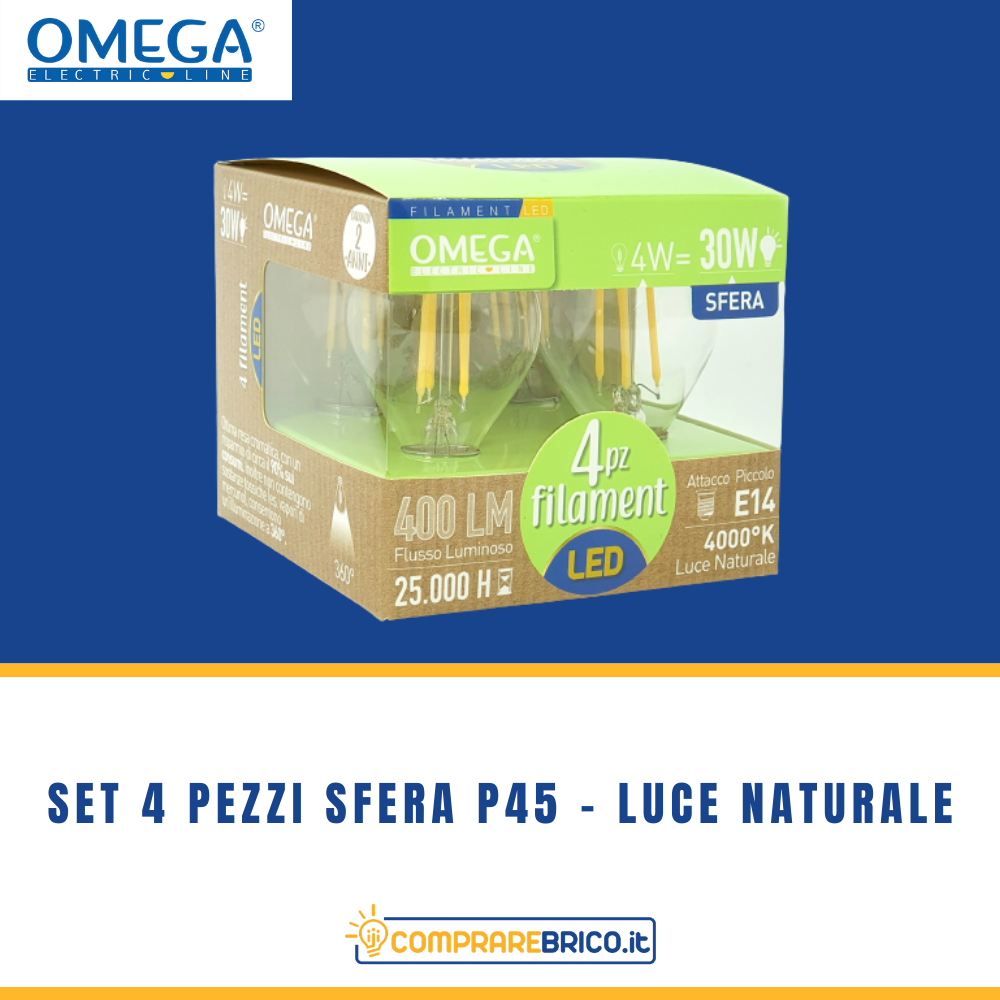 Set 4 Pezzi Lampadine Filament Sfera P45 Luce Naturale: 4W - 4000K - E14 - A+