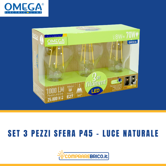 SET 3 PEZZI LAMPADINE FILAMENT GOCCIA A60 LUCE NATURALE: 8W – 4000K – E27 – A+