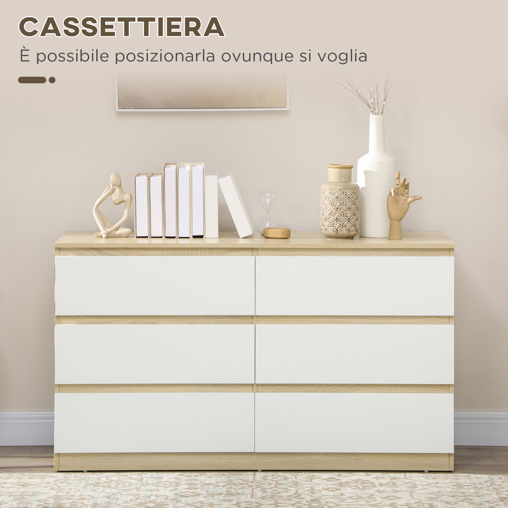 Cassettiera 6 Cassetti 135x48x77 cm in Legno Bianco e Colore Legno