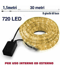 Tubo Luminoso 30 Metri Led Bianco Caldo 720 Luci Per Interno E Per Esterno         