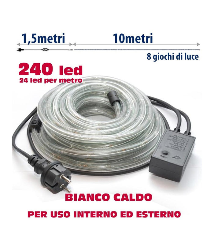 Tubo Luminoso Natalizio 10 Metri Led Bianco Caldo Con Controller 8 Funzioni         