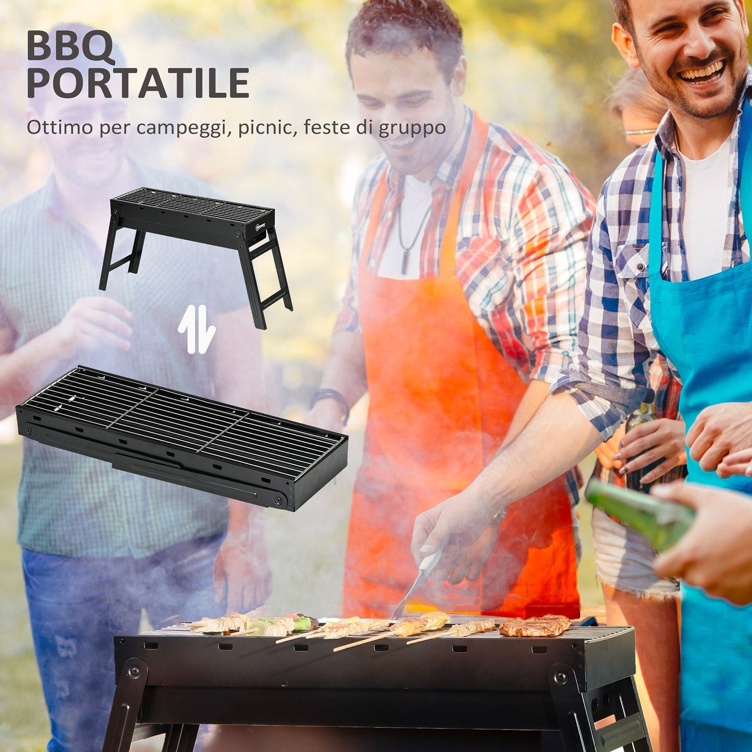 Barbecue a Carbonella Portatile con Gambe Pieghevoli e Vassoio Estraibile 74x20x38 cm in Metallo Nero