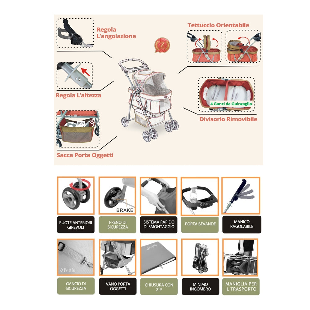 Passeggino per animali doppio comfort double max 20 kg cani gatti e piccoli animali