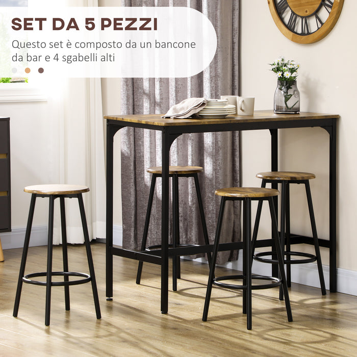 Set Tavolo Alto e 4 Sgabelli in MDF e Metallo Marrone e Nero