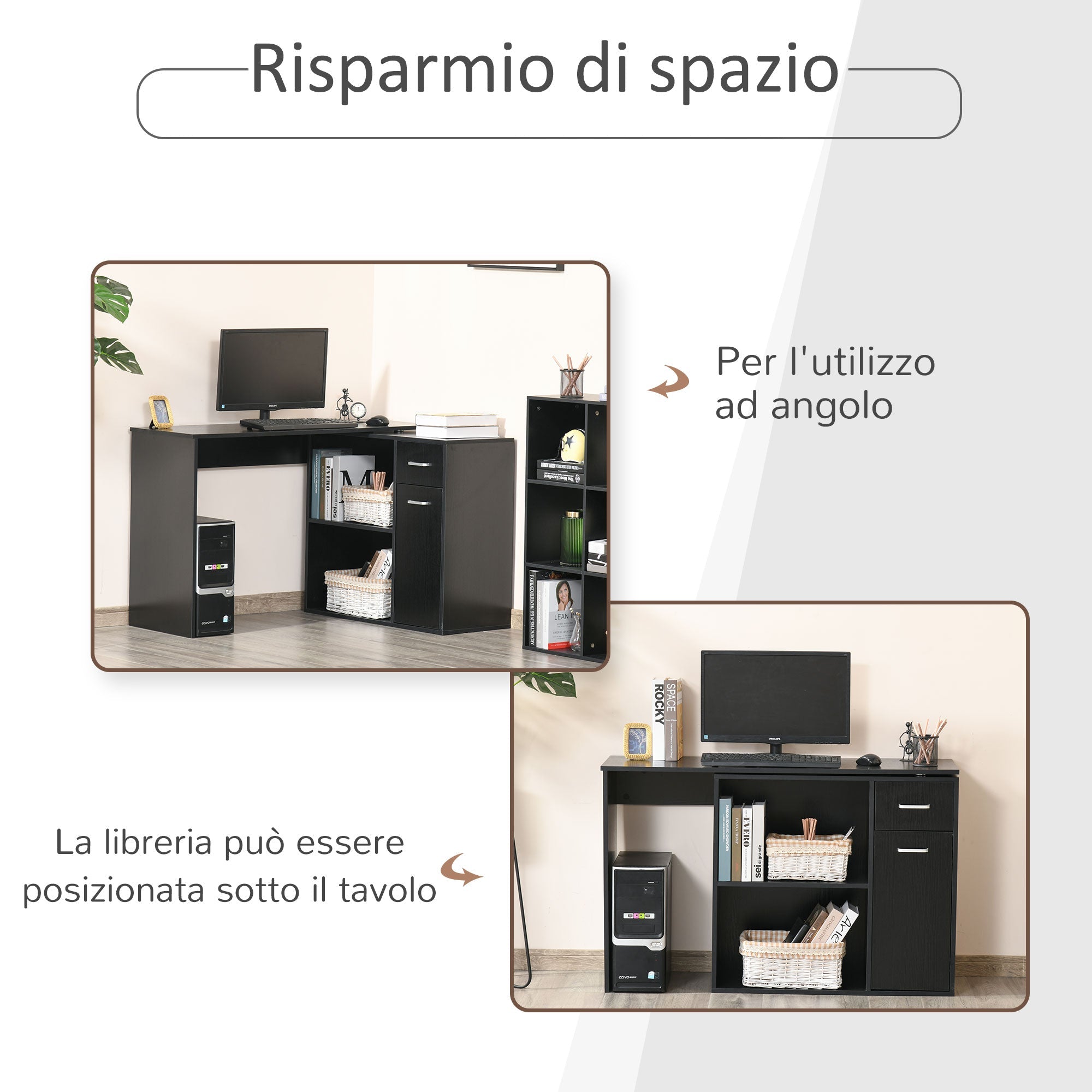 Scrivania Angolare da Ufficio 2 Cassetti e 2 Ripiani 117x82x74 cm in Legno Nero