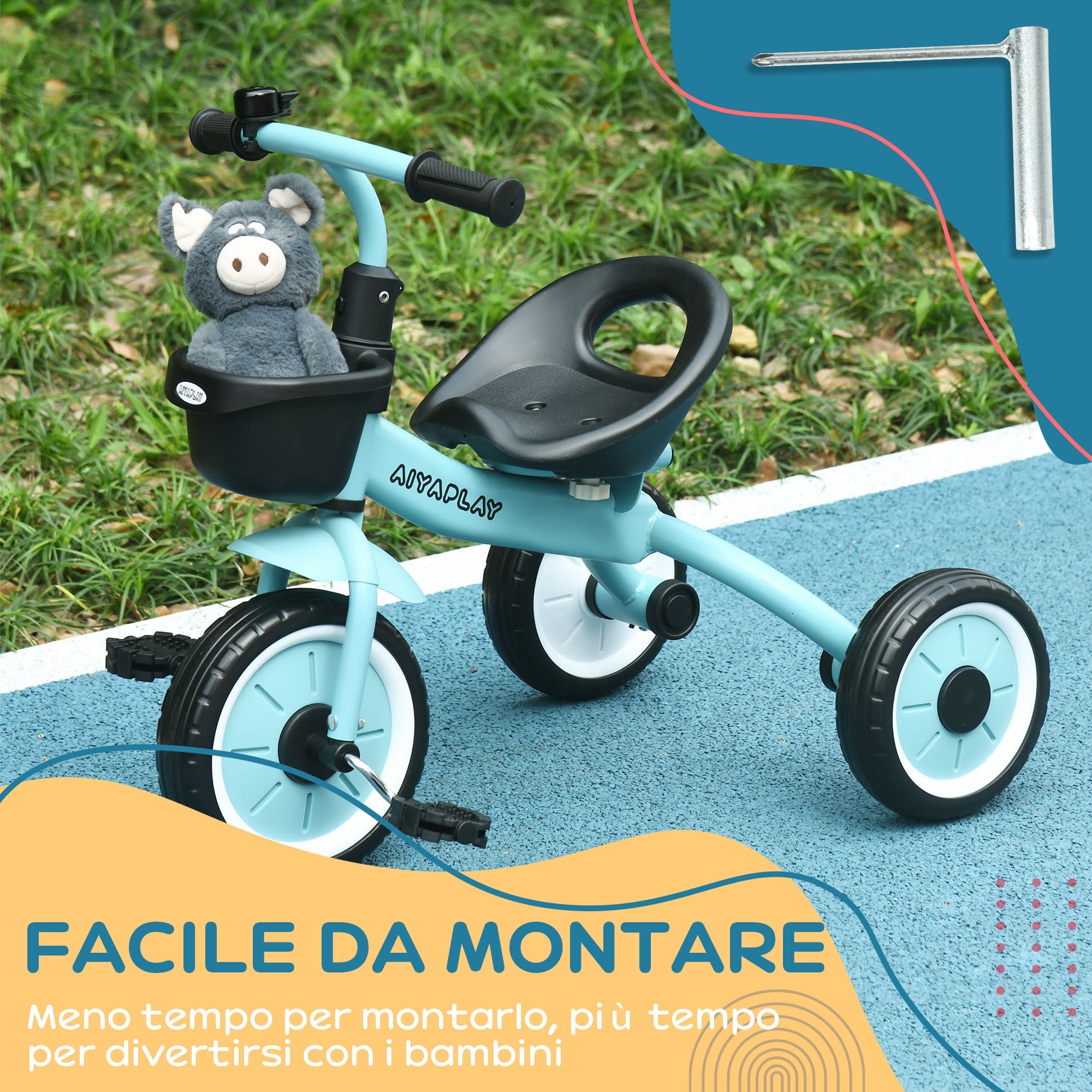 Triciclo per Bambini 70,5x50x58 cm con Seduta Regolabile e Campanello Blu