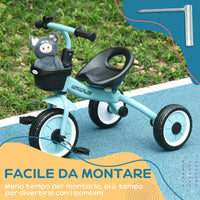 Triciclo per Bambini 70,5x50x58 cm con Seduta Regolabile e Campanello Blu