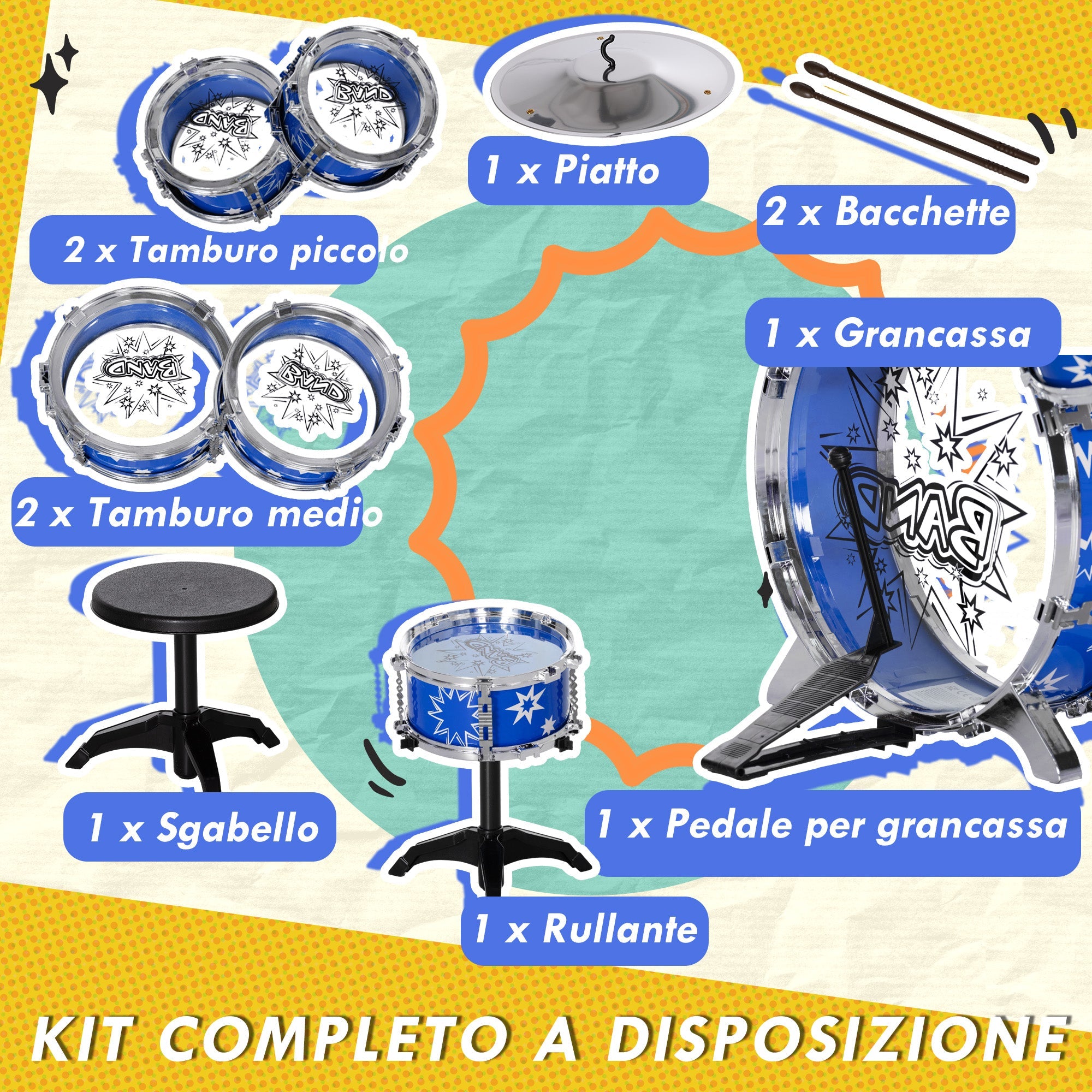 Batteria Musicale Giocattolo per Bambini Grancassa 5 Tamburi e Piatti con Bacchette e Sgabello Blu