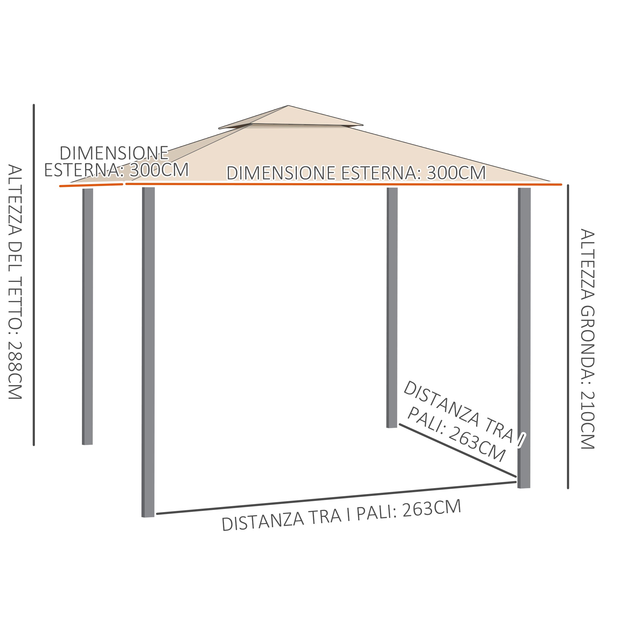 Gazebo da Giardino 3x3m con Tenda Parasole Laterale Cachi