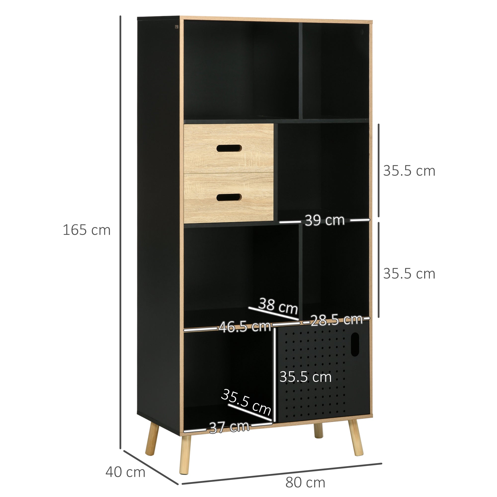 Libreria Moderna 80x40x165 cm in MDF e Truciolato Nero e Legno Naturale