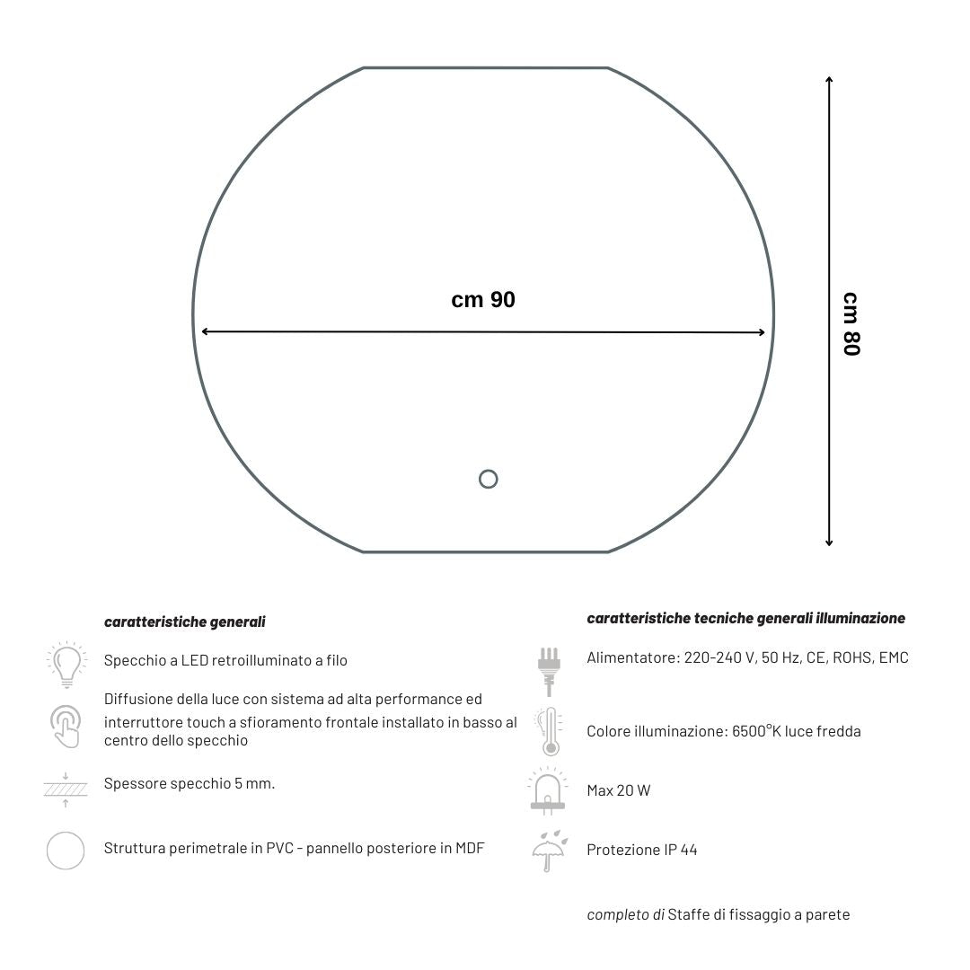 Ogomondo specchio 5 mm semicircolare retroilluminato led interruttore touch *** misure 90x80 cm, tonalità dimmerabil...