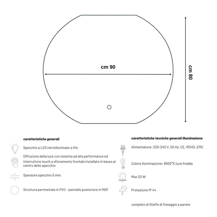 Ogomondo specchio 5 mm semicircolare retroilluminato led interruttore touch *** misure 90x80 cm, tonalità dimmerabil...