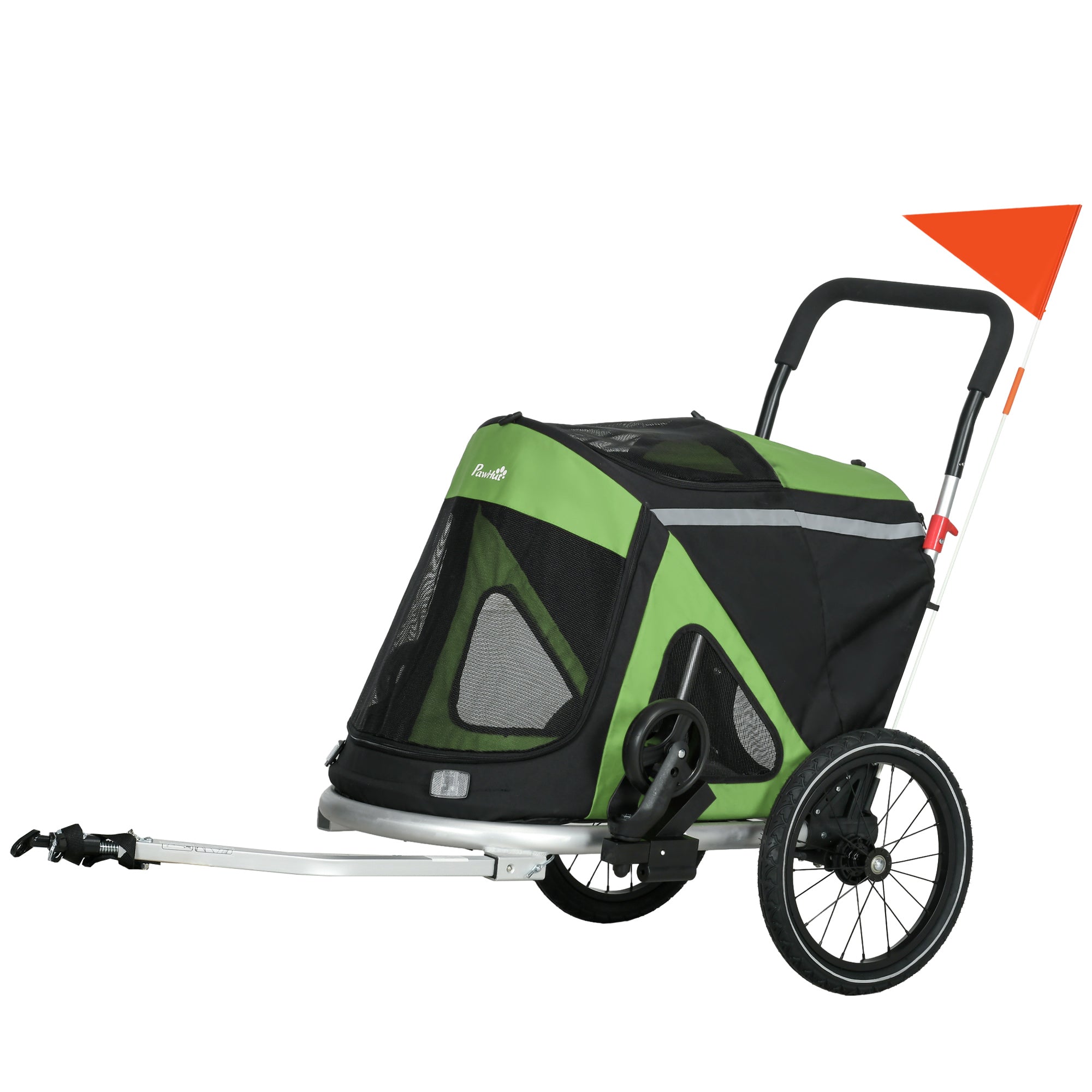 Carrello Rimorchio per Cani da Bicicletta 2 in 1 Pieghevole con Catarifrangenti e Bandierina Verde