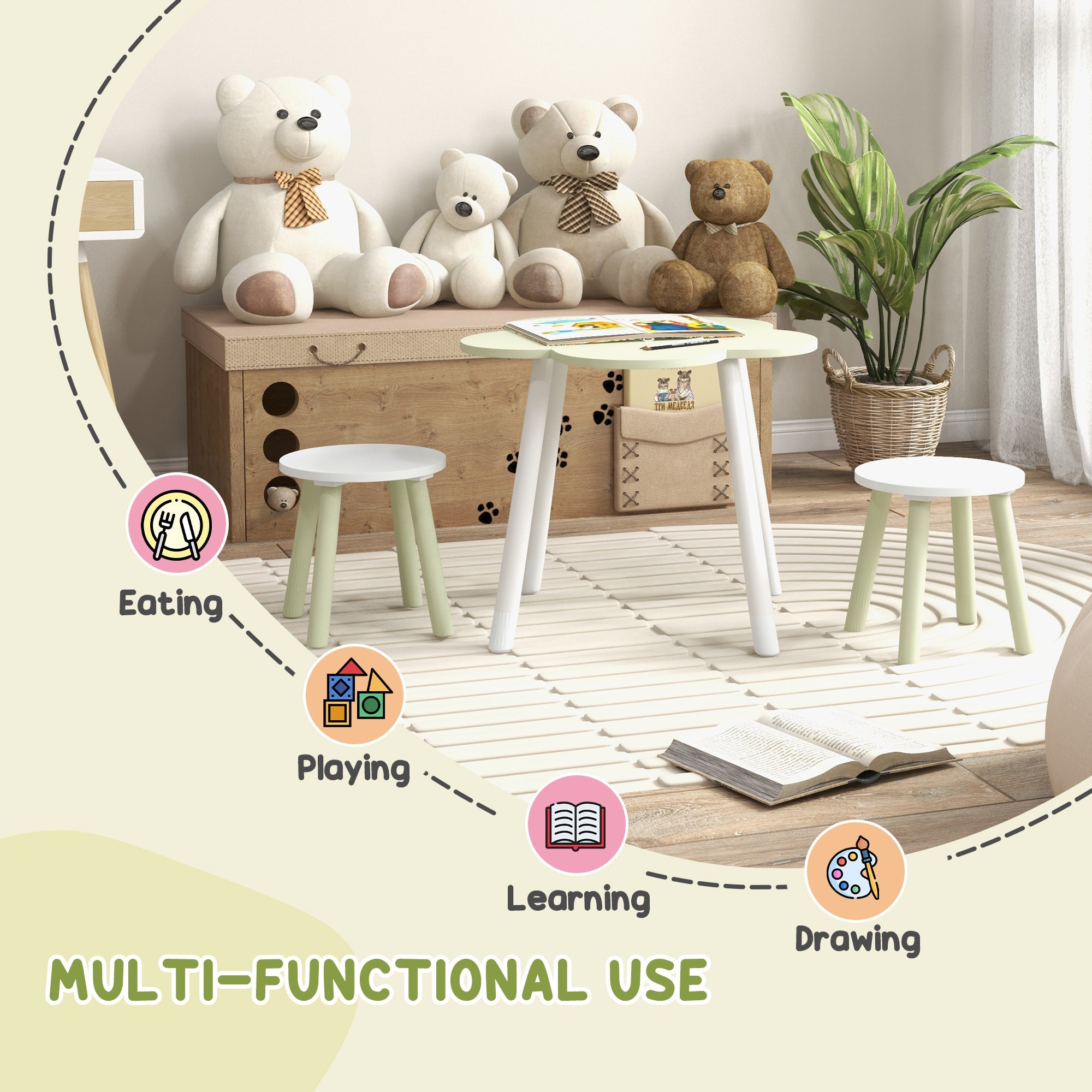 Set Tavolino e 2 Sedie per Bambini con Design a Fiori  in MDF e Legno di Pino Giallo e Bianco