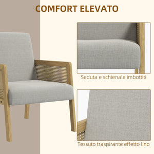 Poltrona Stile Boho 65,5x72x78 cm in Rattan e Tessuto Effetto Lino Grigio