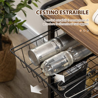 Carrello da Cucina 3 Livelli 75x43,5x91 cm con 2 Ruote e Cesto Estraibile color Legno e Nero