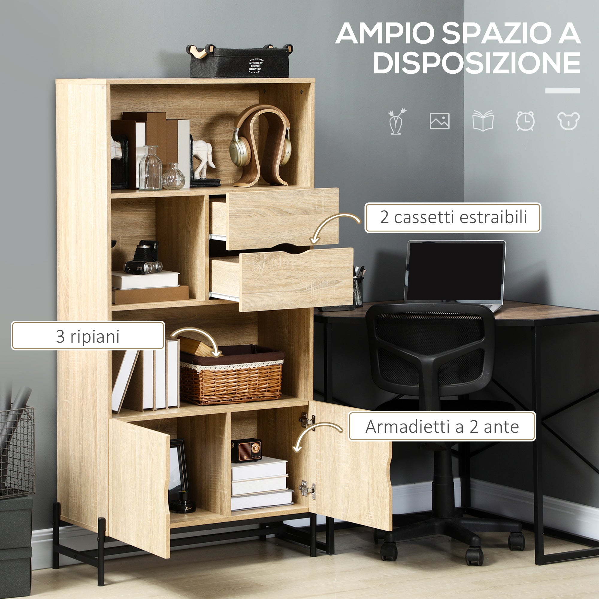 Libreria a Parete 80x35x155 cm in MDF e Metallo Legno Naturale