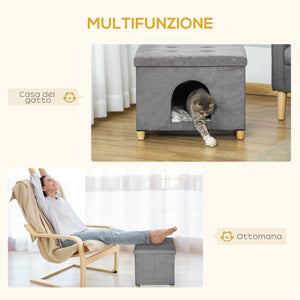 Casetta per Gatti Pouf Poggiapiedi Imbottito 60x45x44,5 cm con Cuscino Rimovibile e Lavabile Grigio