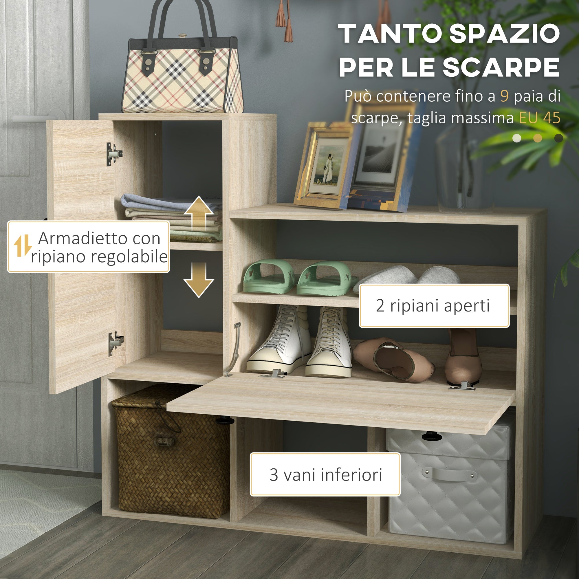 Mobile Ingresso 3 in 1 con Scarpiera Appendiabiti e Specchio Colore Legno Naturale e Nero