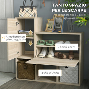 Mobile Ingresso 3 in 1 con Scarpiera Appendiabiti e Specchio Colore Legno Naturale e Nero