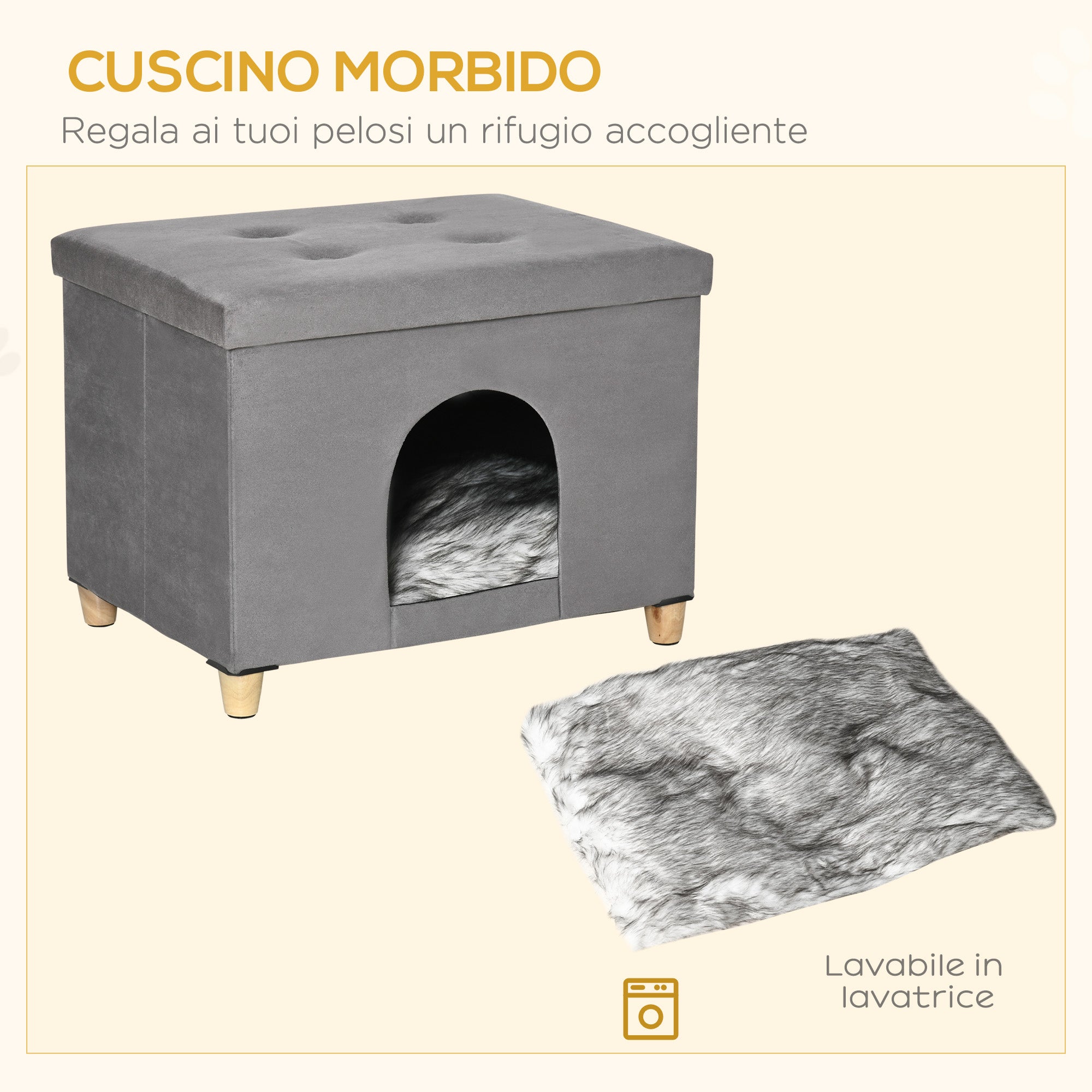 Casetta per Gatti Pouf Poggiapiedi Imbottito 60x45x44,5 cm con Cuscino Rimovibile e Lavabile Grigio