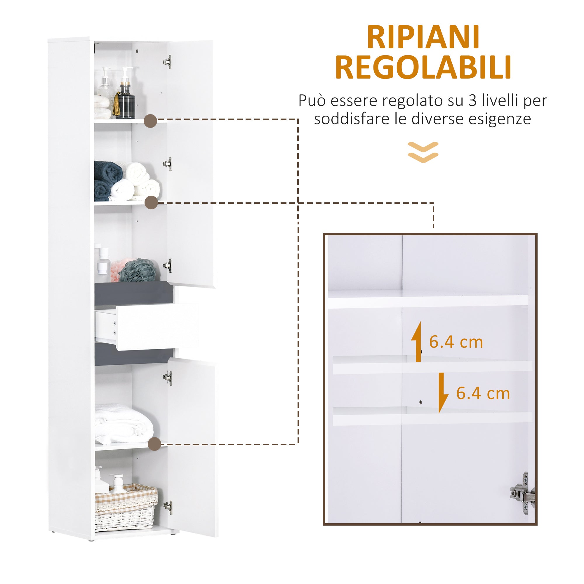 Colonna Bagno a 2 Armadietti con Ripiano Regolabile e Cassetto 35x31x172 cm in Truciolato Bianco