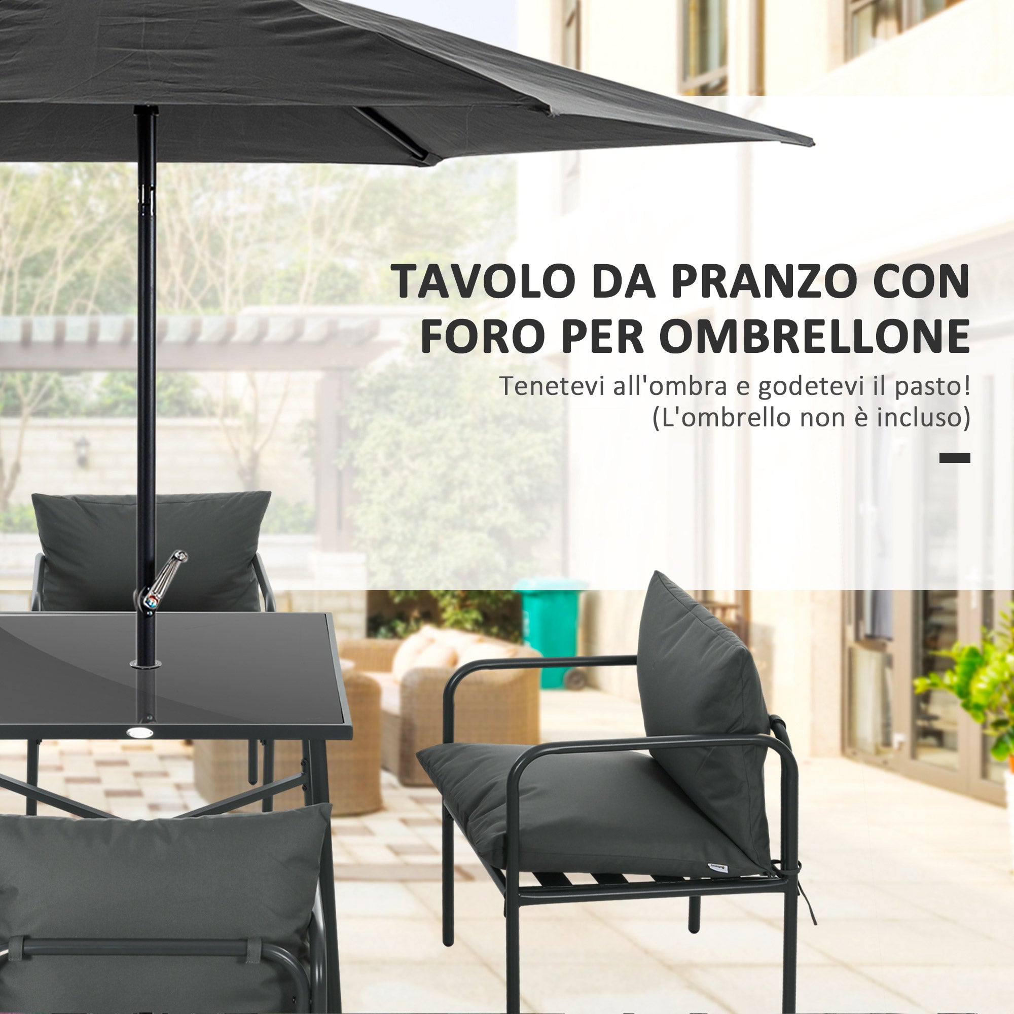 Set Tavolo e 4 Sedie da Giardino in Acciaio con Cuscini Grigio