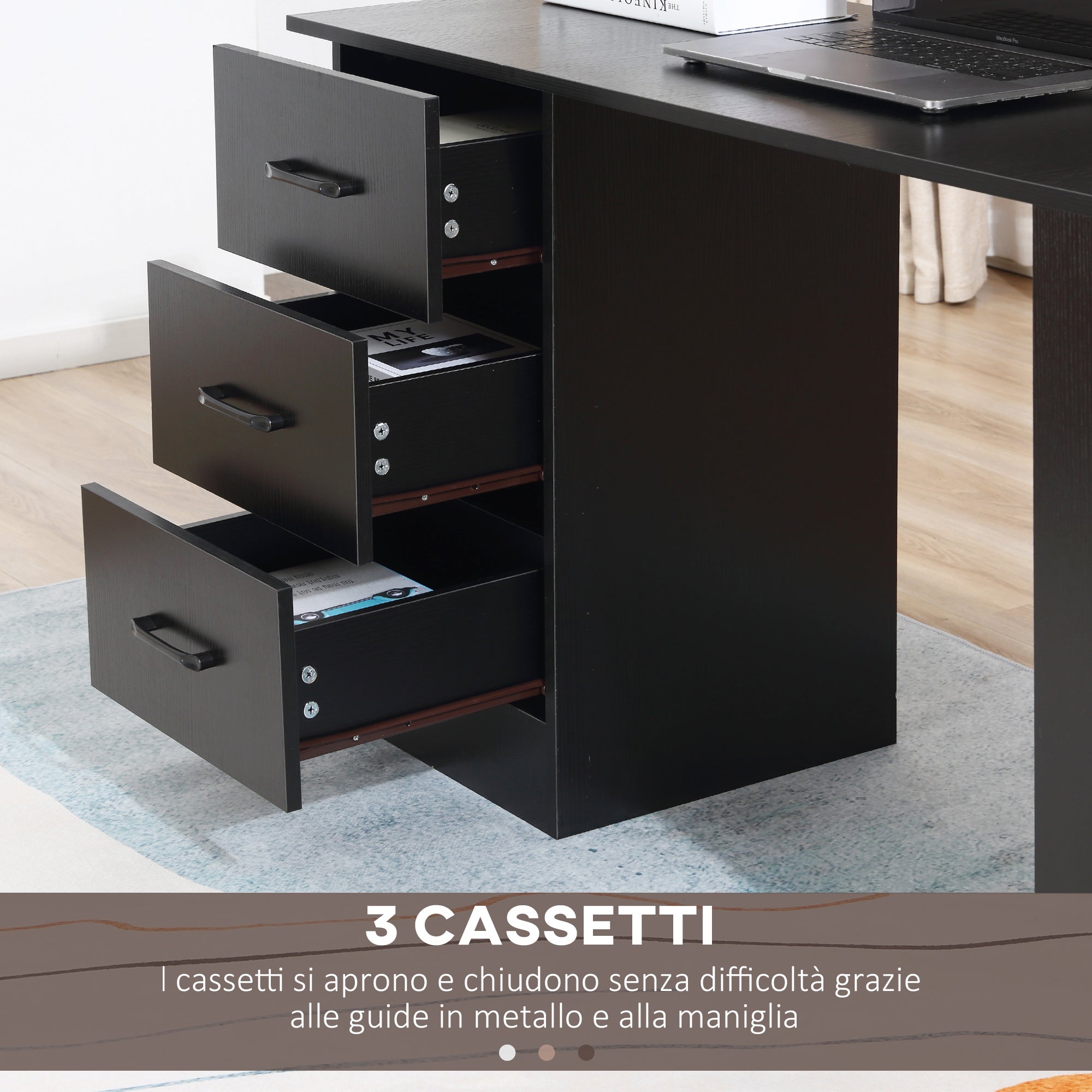 Scrivania Moderna con 3 Cassetti e 3 Ripiani per Camera e Ufficio 120x49x72 cm in Legno Nero