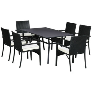 Set Tavolo e 6 Sedie da Giardino con Cuscini in Acciaio Rattan PE Nero e Beige