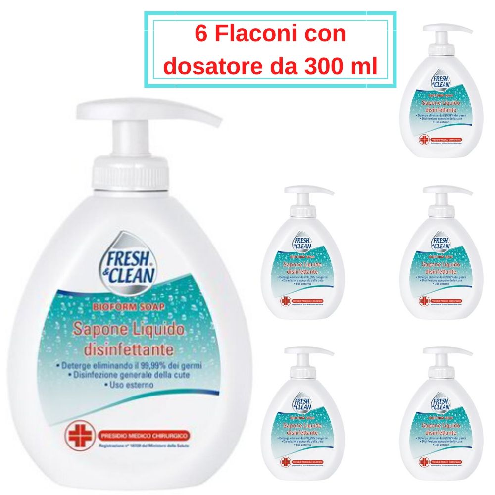 Fresh&clean sapone liquido disinfettante 6 flacon da 300 ml con dosatore