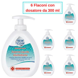 Fresh&clean sapone liquido disinfettante 6 flacon da 300 ml con dosatore