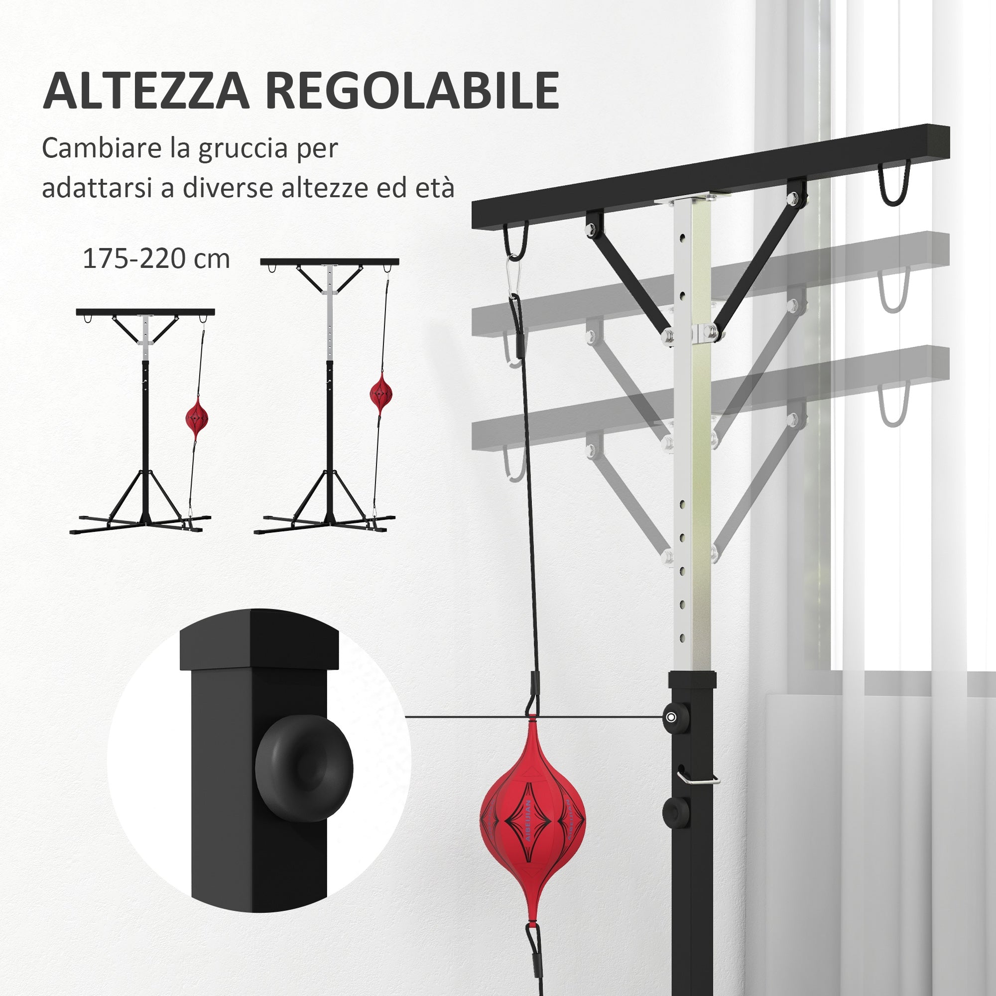 Supporto Sacco Boxe Altezza Regolabile 175-220 cm con 6 Barre di Rinforzo in Acciaio Nero