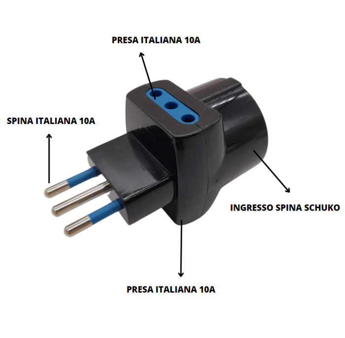 Adattatore triplo attacco piccolo nero schuko 10 ampere ecova