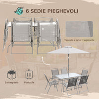 Set Tavolo con Top in Vetro 6 Sedie Pieghevoli e Ombrellone a Manovella da Giardino in Metallo e Rete Grigio