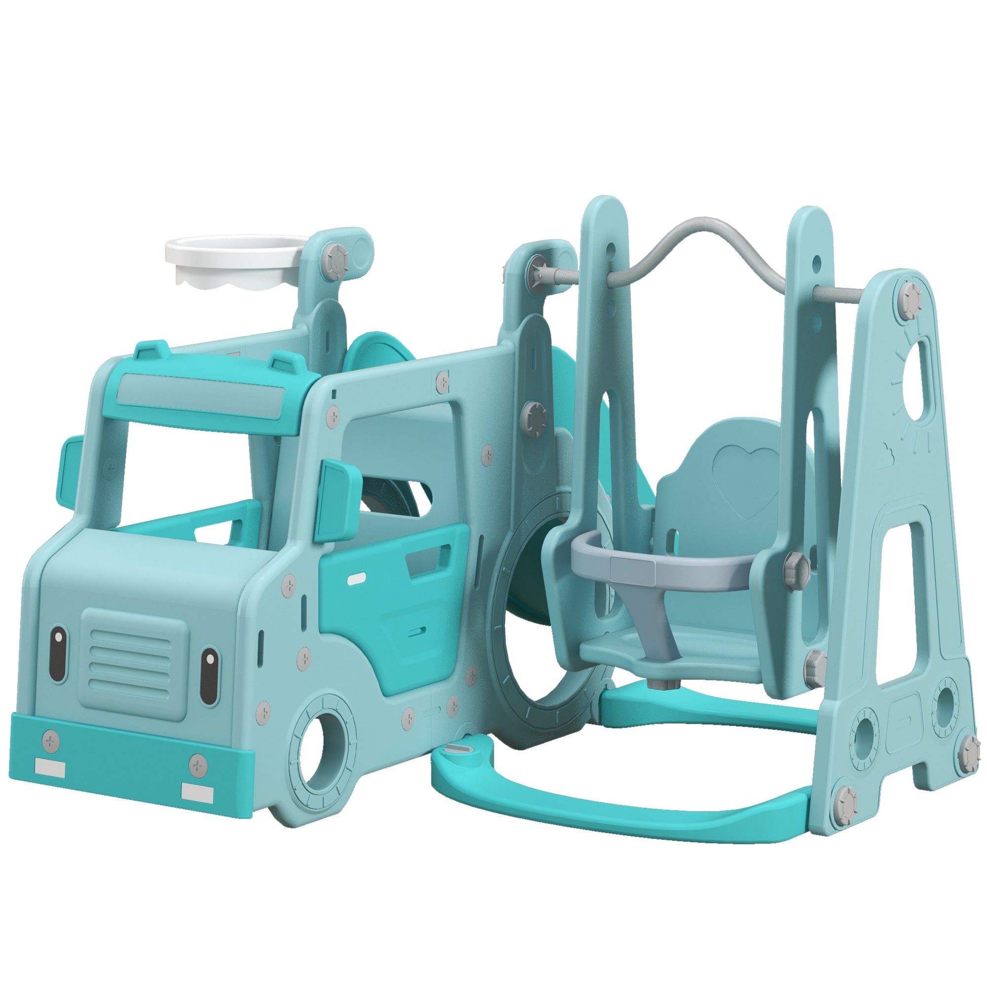 Scivolo per Bambini 201x151x87,5 cm con Altalena Macchina e Canestro Azzurro